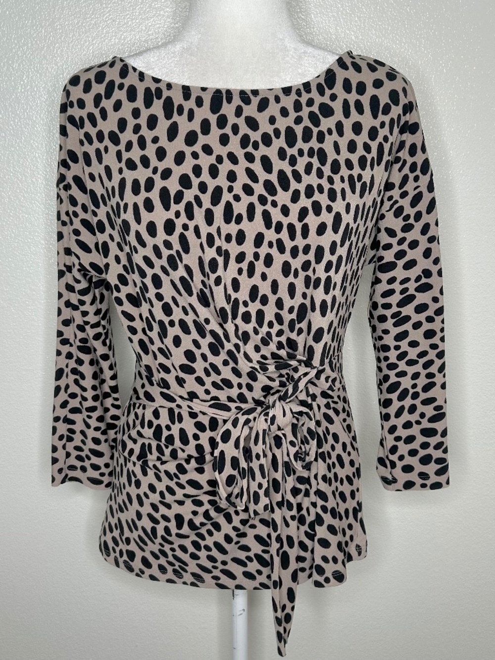 Ann Taylor Womens Tan & Black Dotted Ruched Stretch Tie Blouse Top Size LP